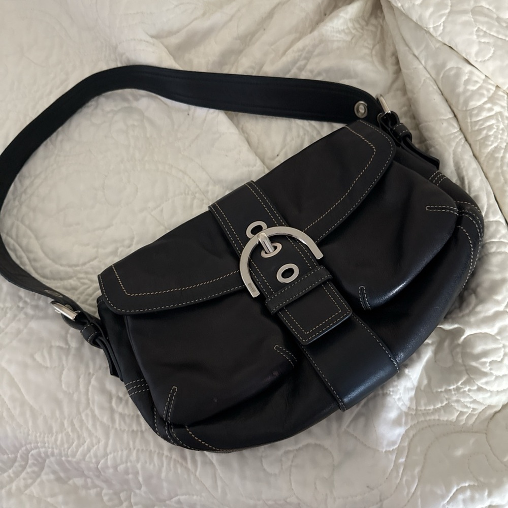 Coach Black Leather Shoulder Bag with Silver Buckle